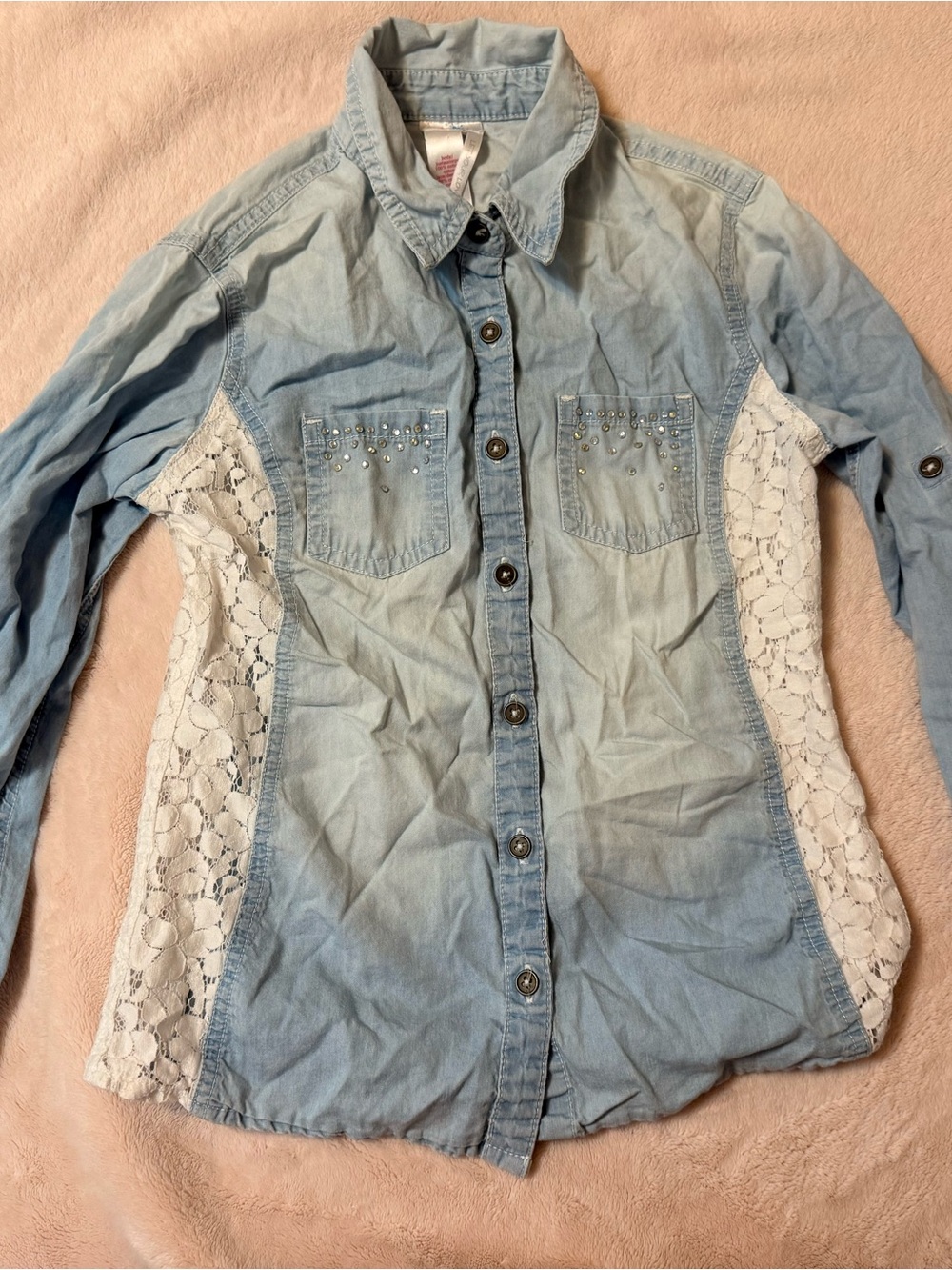 Justice Light Blue Denim Button-Down Shirt with White Lace Panels